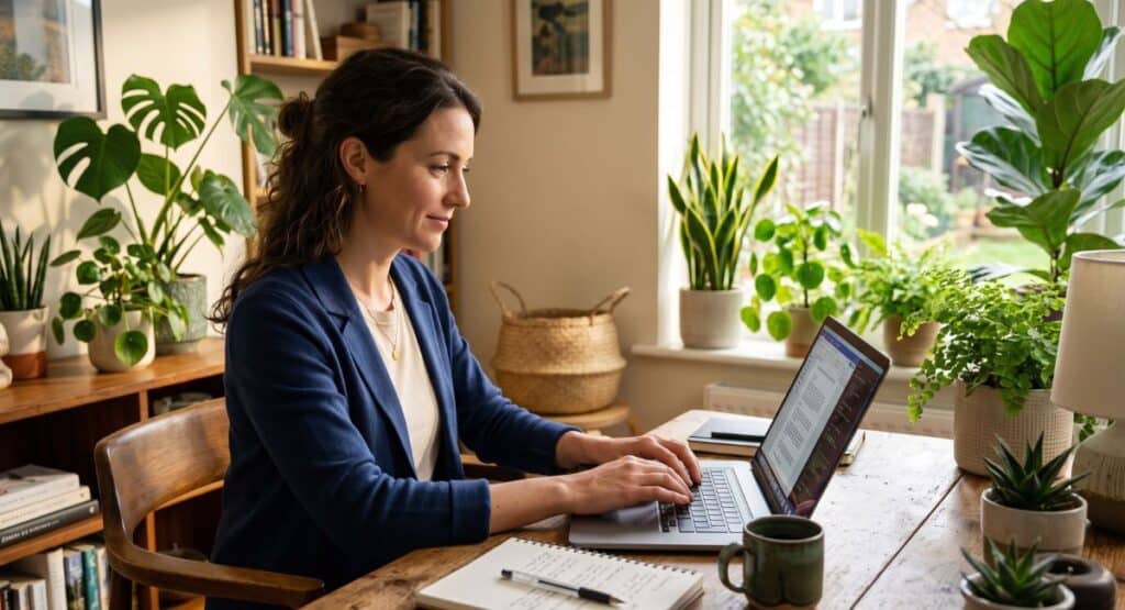 Femme entrepreneuse introvertie qui travaille sur son pc
