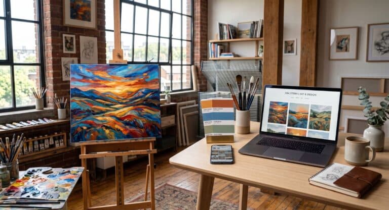 Pièce avec des peintures et un ordinateur pour travailler le branding